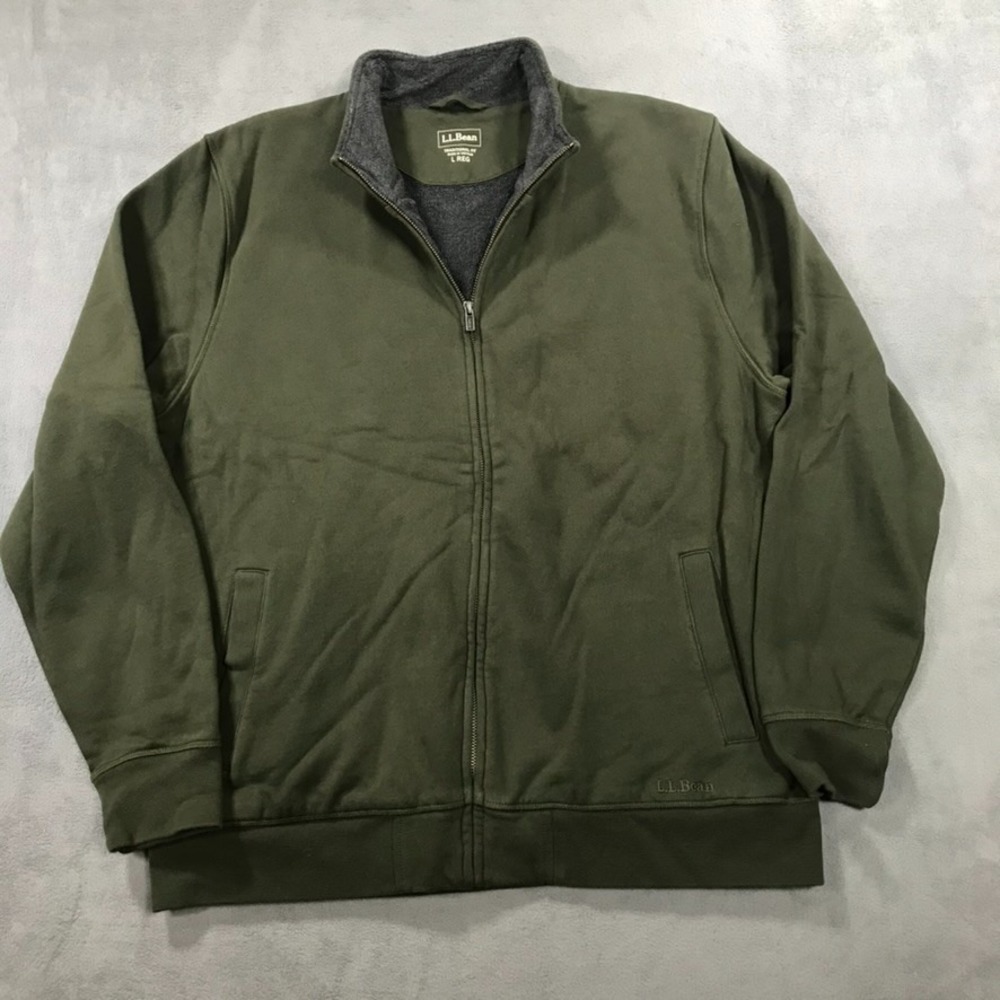 LL Bean Sweater Jacket Mens Large Green Fleece Lined Full Zip Pockets Sweatshirt